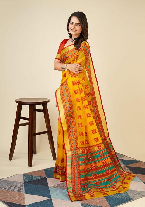Yellow Zari Woven Kota Doria Silk Saree Set