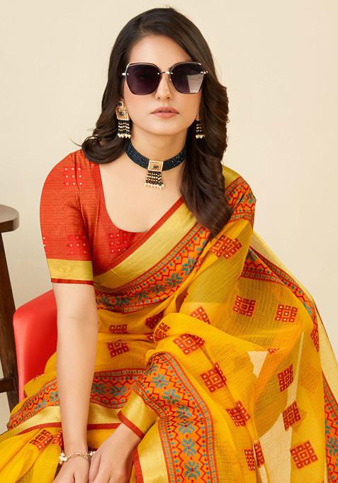 Yellow Zari Woven Kota Doria Silk Saree Set