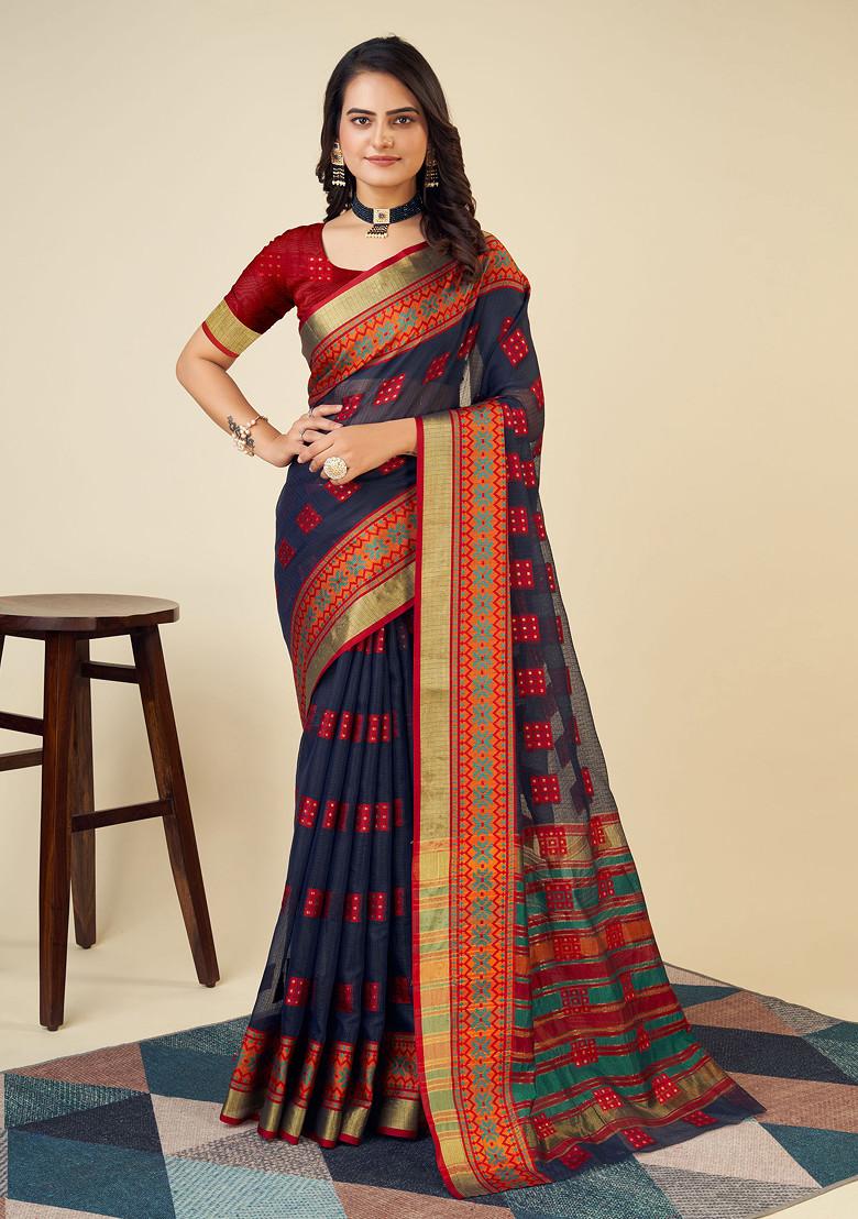 Blue Zari Woven Kota Doria Silk Saree Set