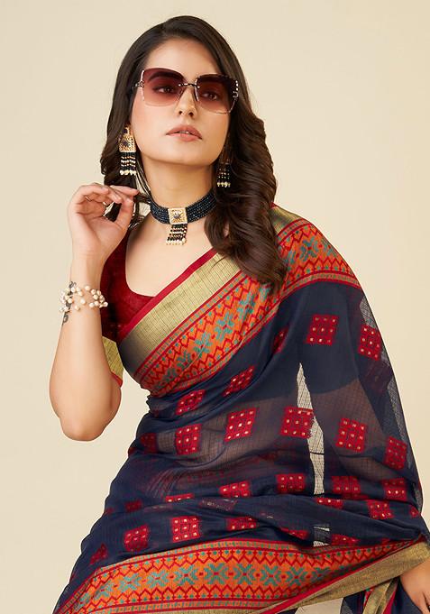 Blue Zari Woven Kota Doria Silk Saree Set