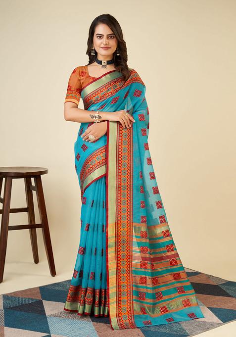 Sea Blue Zari Woven Kota Doria Silk Saree Set