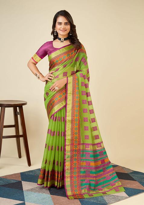 Parrot Green Zari Woven Kota Doria Silk Saree Set