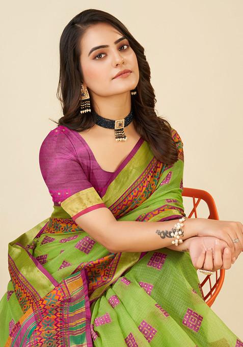 Parrot Green Zari Woven Kota Doria Silk Saree Set