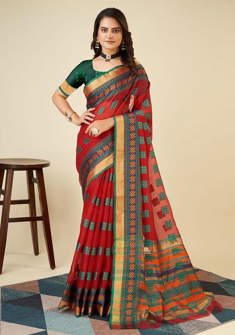 Red Zari Woven Kota Doria Silk Saree Set