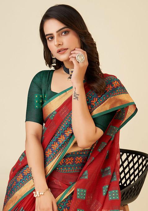 Red Zari Woven Kota Doria Silk Saree Set