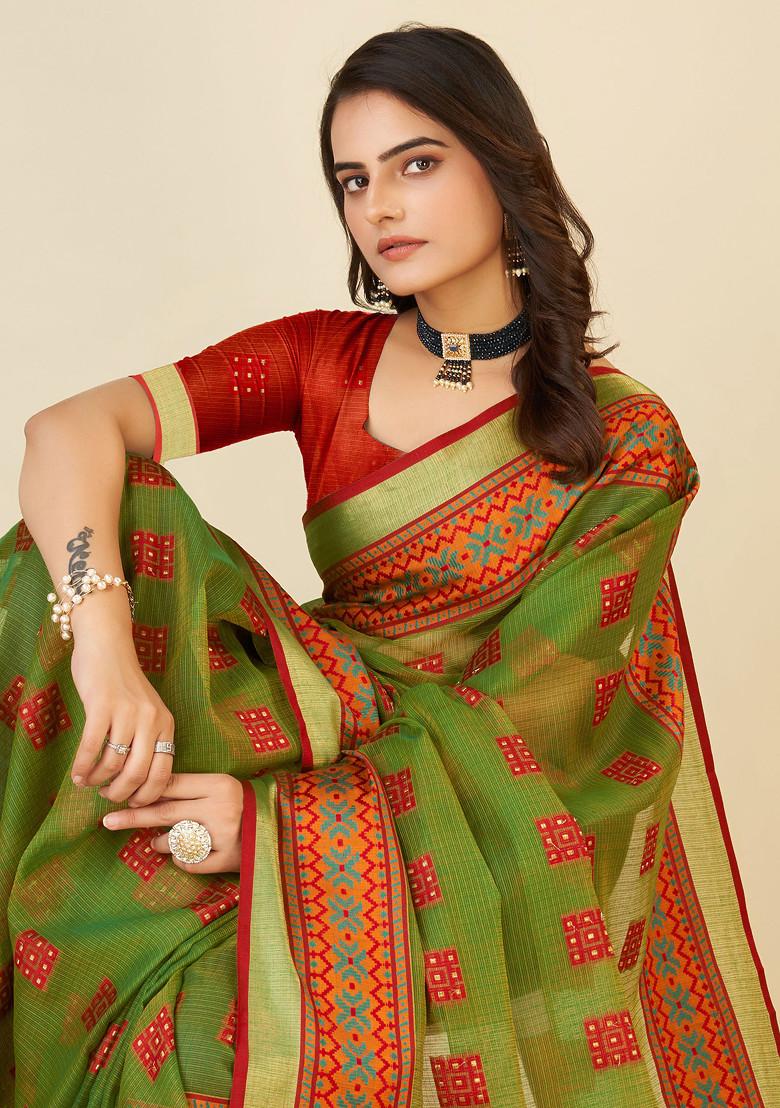 Green Zari Woven Kota Doria Silk Saree Set