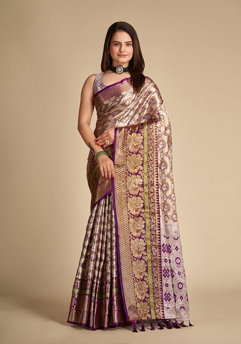 Purple Zari Woven Tissue Silk Saree Set