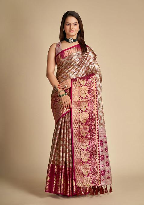 Rani Pink Zari Woven Tissue Silk Saree Set