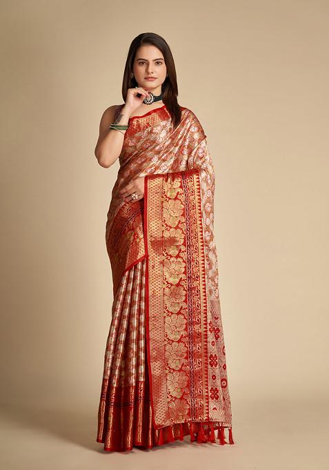 Red Zari Woven Tissue Silk Saree Set