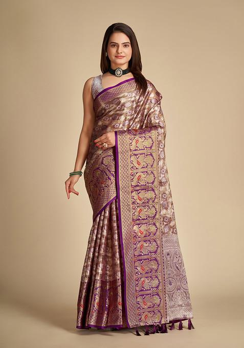 Purple Zari Woven Tissue Silk Saree Set