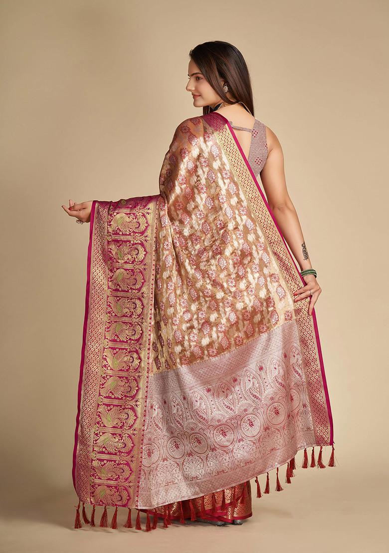 Rani Pink Zari Woven Tissue Silk Saree Set