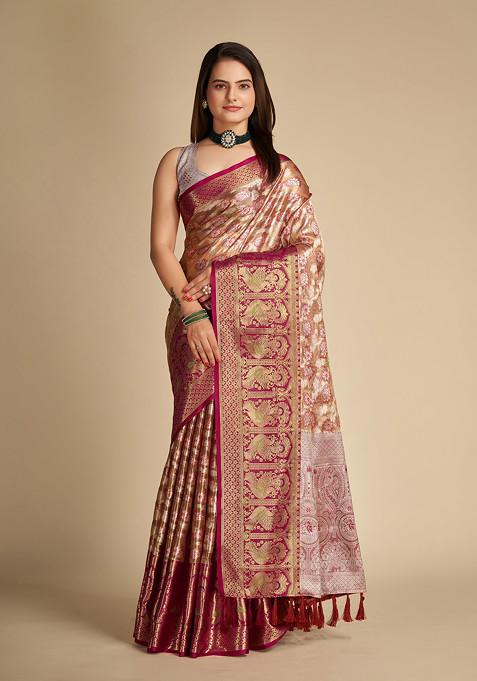 Rani Pink Zari Woven Tissue Silk Saree Set