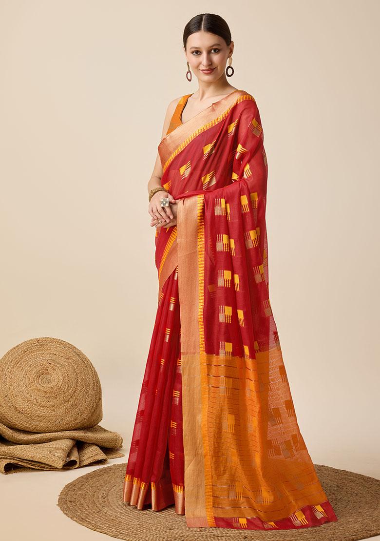 Red Woven Cotton Saree Set