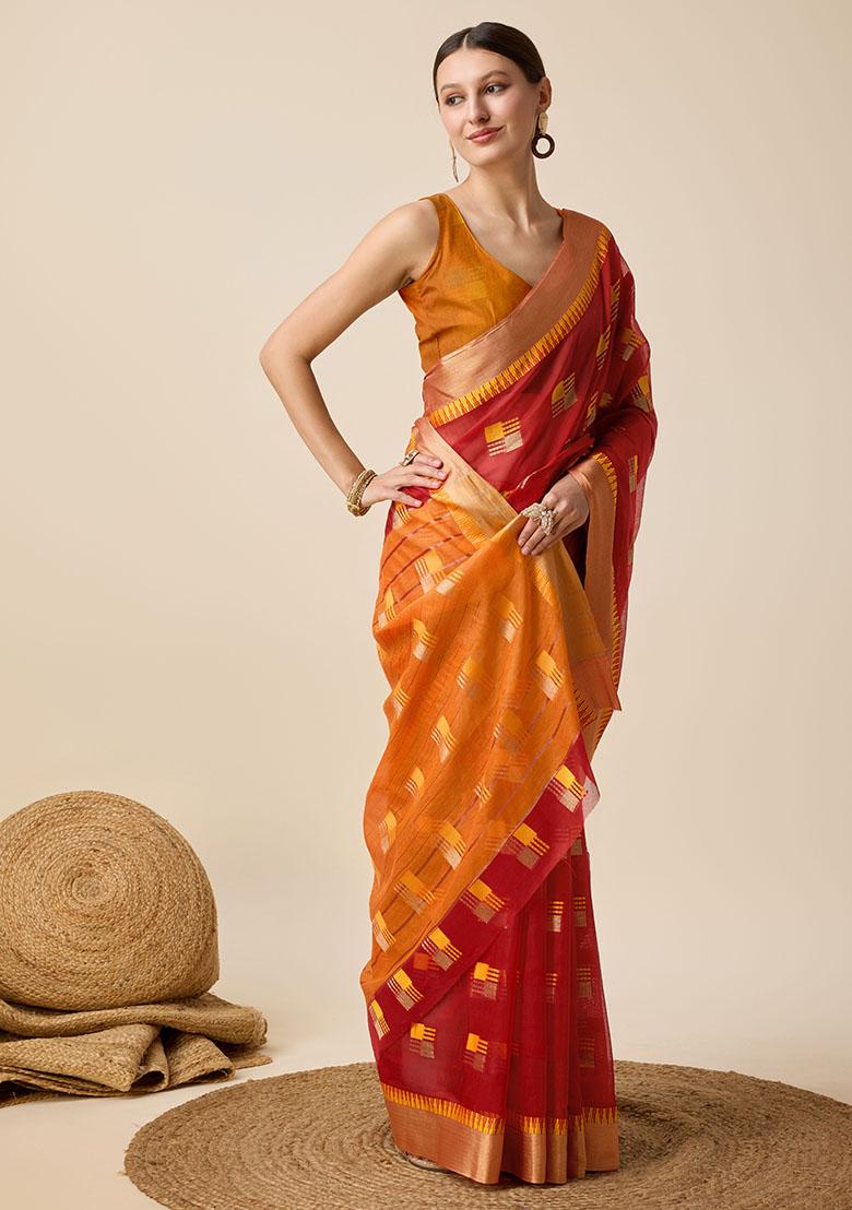 Red Woven Cotton Saree Set