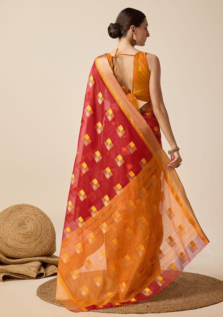 Red Woven Cotton Saree Set