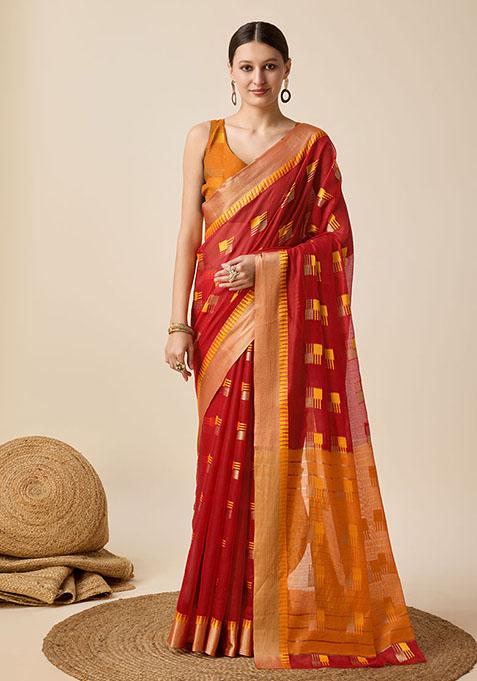 Red Woven Cotton Saree Set