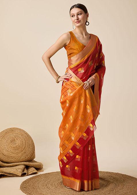 Red Woven Cotton Saree Set