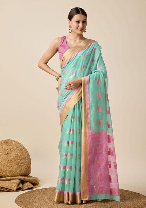 Sea Blue Woven Cotton Saree Set