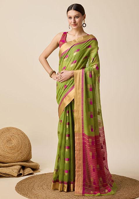 Green Woven Cotton Saree Set