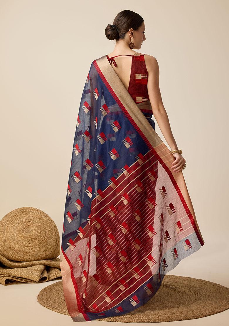 Blue Woven Cotton Saree Set