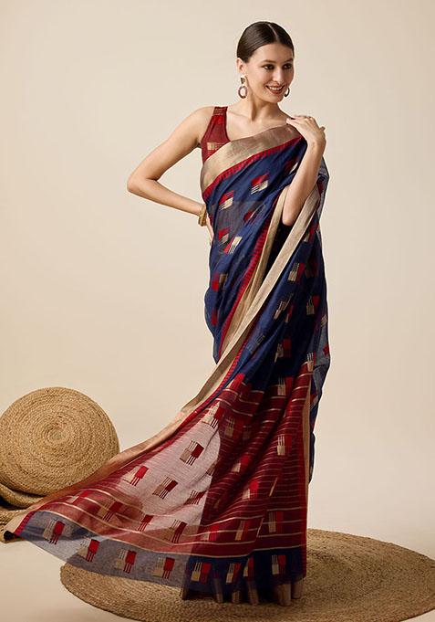 Blue Woven Cotton Saree Set