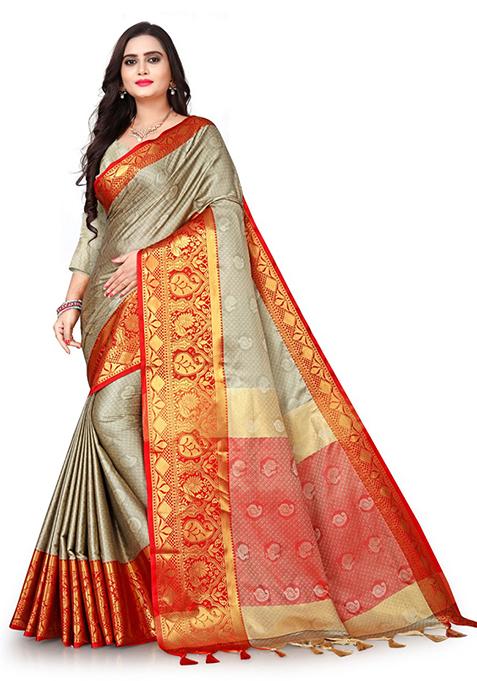 Grey Woven Kashmira Cotton Silk Saree Set