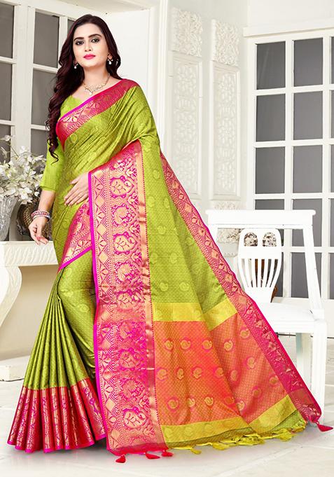 Parrot Green Woven Kashmira Cotton Silk Saree Set