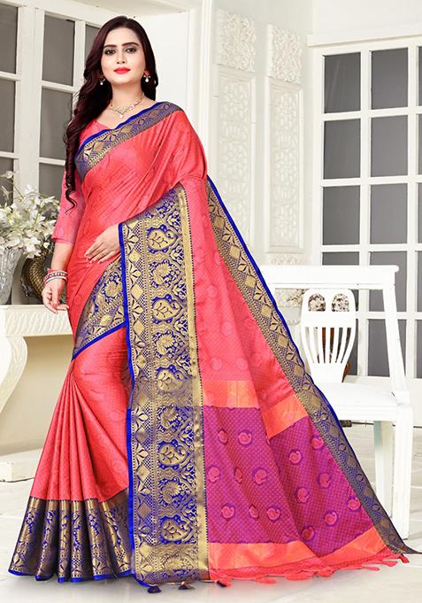 Pink Woven Kashmira Cotton Silk Saree Set