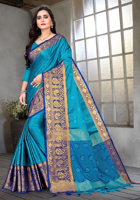 Teal Blue Woven Kashmira Cotton Silk Saree Set