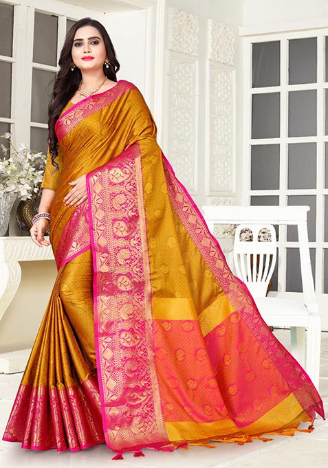 Yellow Woven Kashmira Cotton Silk Saree Set