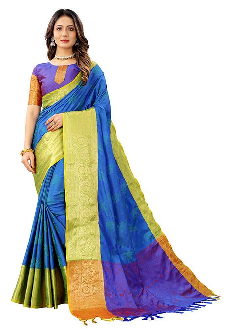 Blue Woven Faux Kanjivaram Silk Saree Set