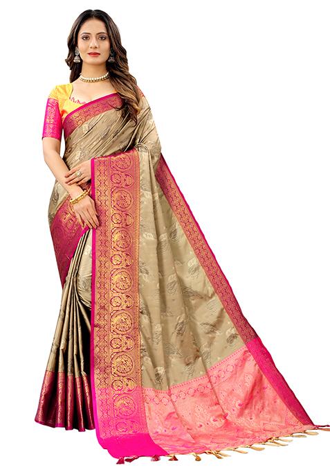 Cream Woven Faux Kanjivaram Silk Saree Set