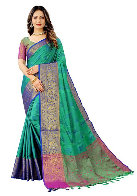 Green Woven Faux Kanjivaram Silk Saree Set