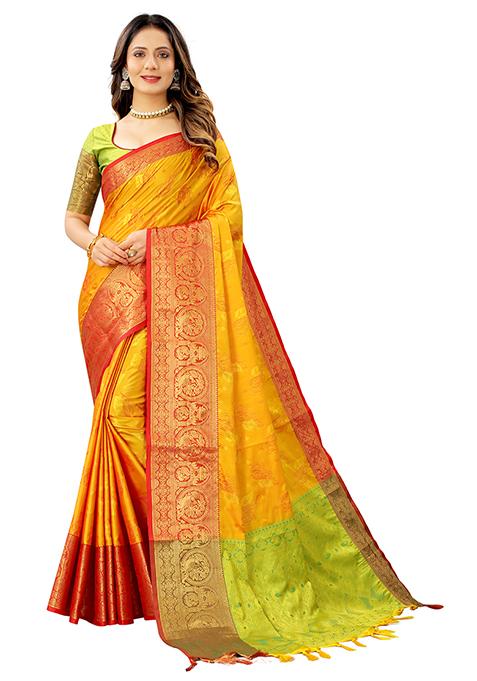 Lemon Green Woven Faux Kanjivaram Silk Saree Set