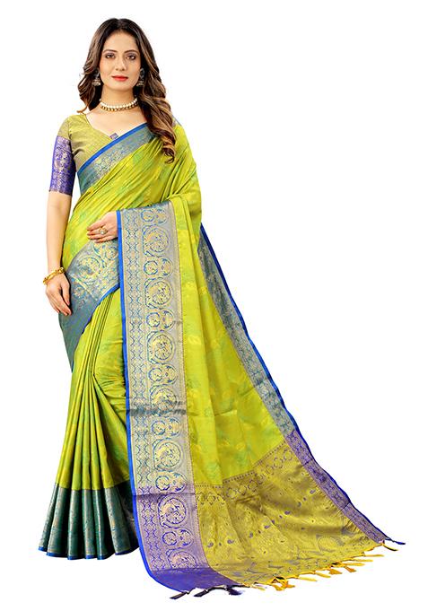 Parrot Green Woven Faux Kanjivaram Silk Saree Set