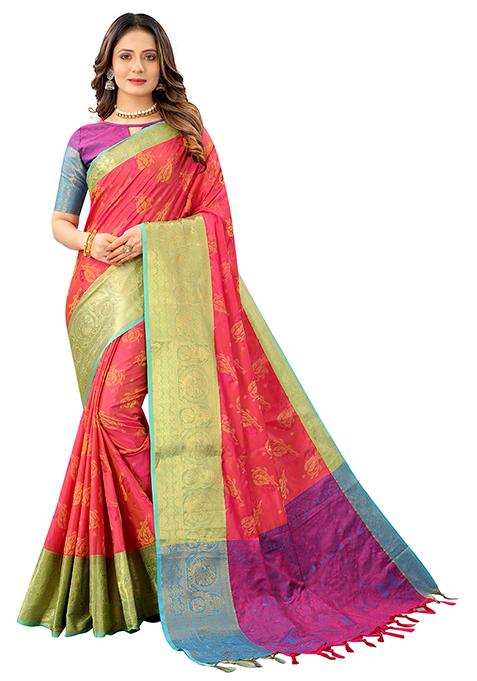 Red Woven Faux Kanjivaram Silk Saree Set