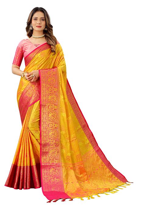 Yellow Woven Faux Kanjivaram Silk Saree Set