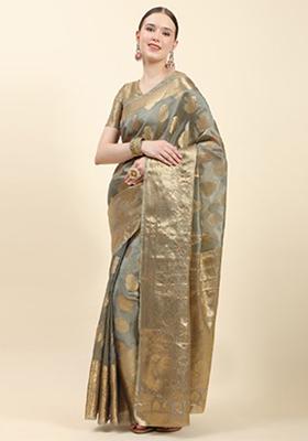 Grey Zari Woven Organza Silk Saree Set