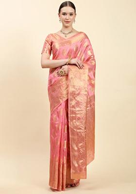 Peach Zari Woven Organza Silk Saree Set