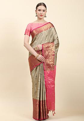 Beige Zari Woven Faux Kanjivaram Silk Saree Set