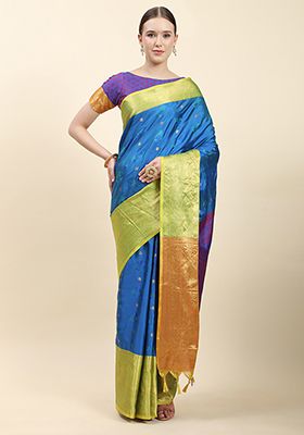 Blue Zari Woven Faux Kanjivaram Silk Saree Set