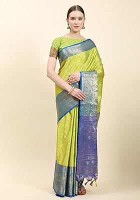 Lemon Green Zari Woven Faux Kanjivaram Silk Saree Set