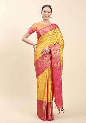 Light Yellow Zari Woven Faux Kanjivaram Silk Saree Set