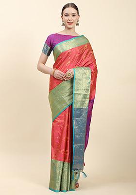 Red Zari Woven Faux Kanjivaram Silk Saree Set