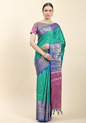 Teal Blue Zari Woven Faux Kanjivaram Silk Saree Set