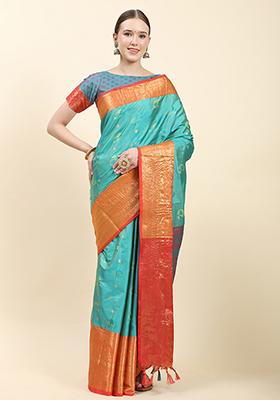 Turquoise Zari Woven Faux Kanjivaram Silk Saree Set