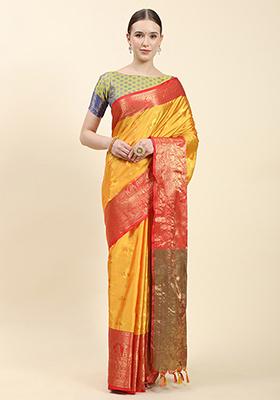 Yellow Zari Woven Faux Kanjivaram Silk Saree Set