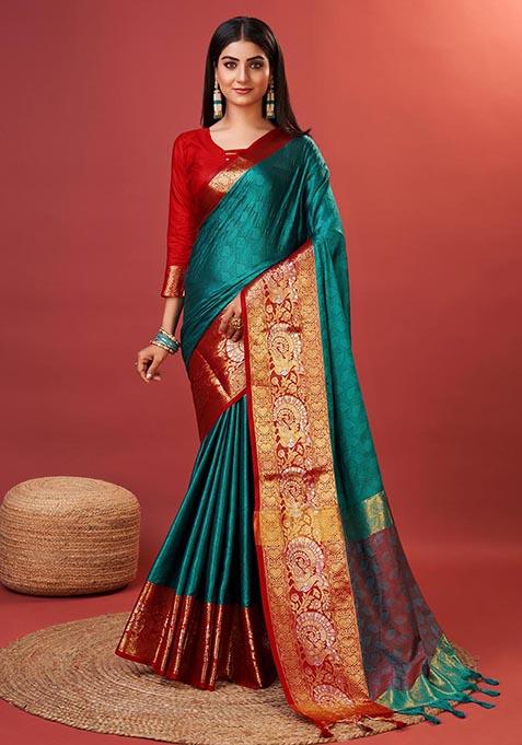 Teal Blue Zari Woven Kora Silk Saree Set