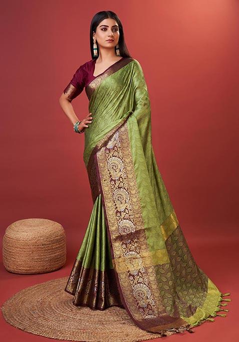 Green Zari Woven Kora Silk Saree Set