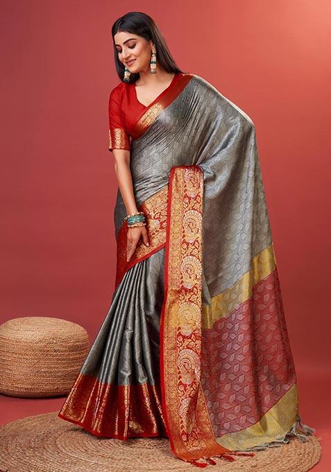 Grey Zari Woven Kora Silk Saree Set